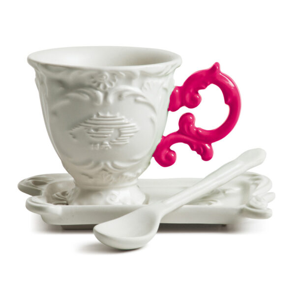 I-Coffee Cup with Fuchsia Handle + Saucer & Spoon